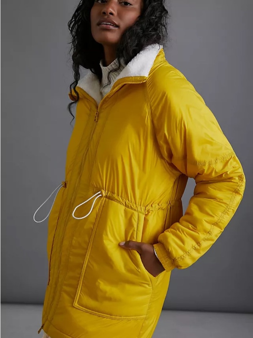 Yellow Sherpa-Trim Puffer Jacket with Drawstring Waist